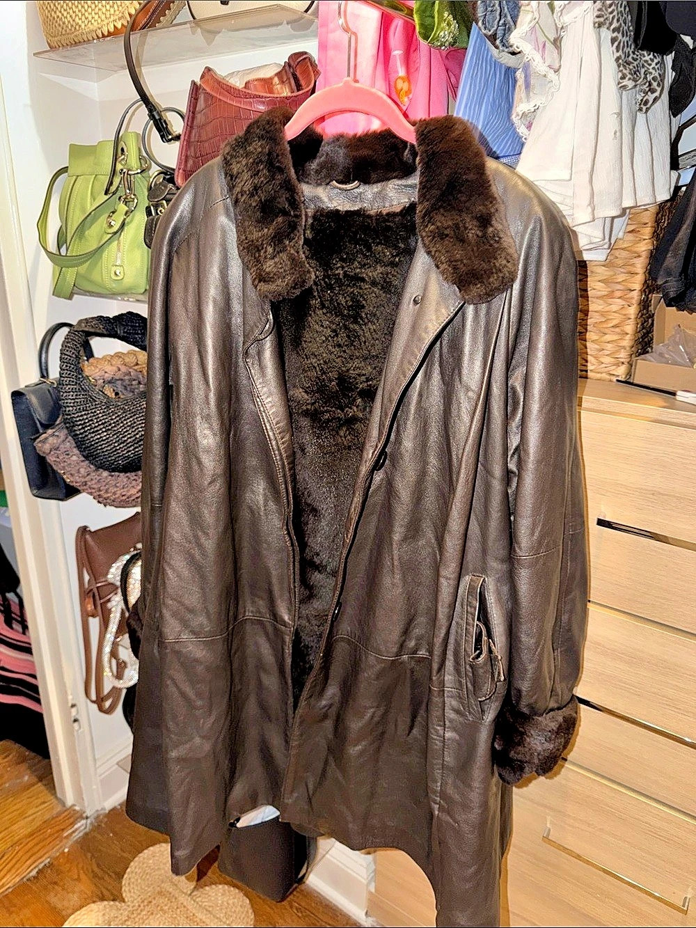 VINTAGE Brown Leather Fur-Lined Coat (inner lining removable)